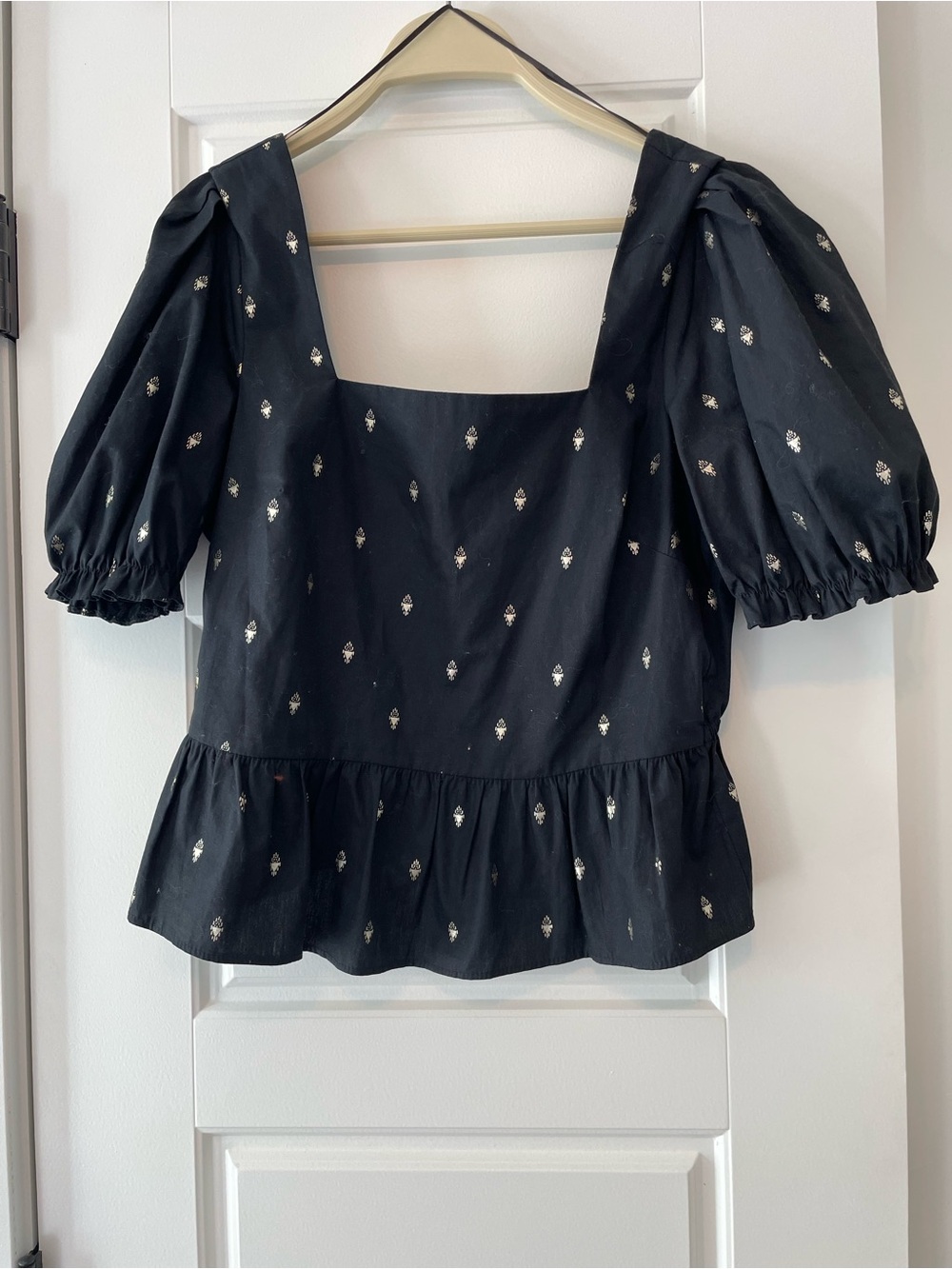 Miss Selfridge Black Puff Sleeve Square Neck Peplum Top with Silver Dots